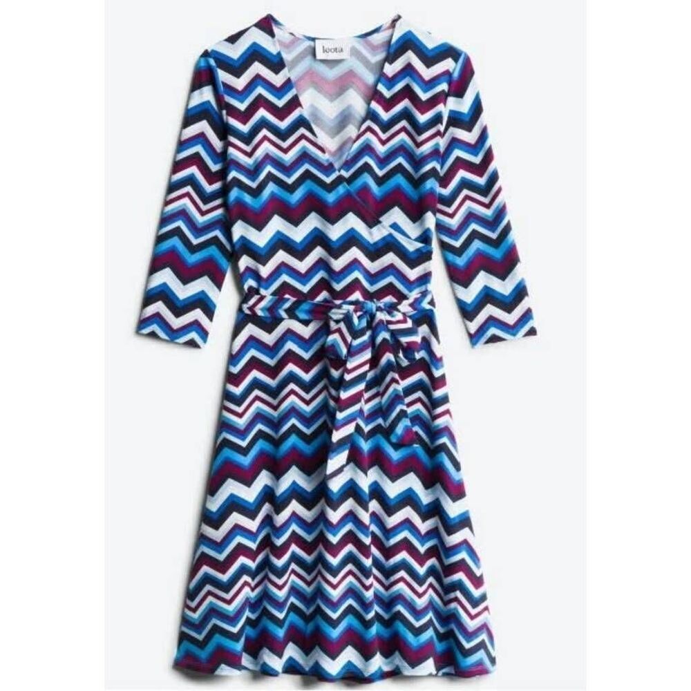 Leota Faux Wrap Dress Women's Petite Medium‎ Blue Knit Geometric Preppy Stretch